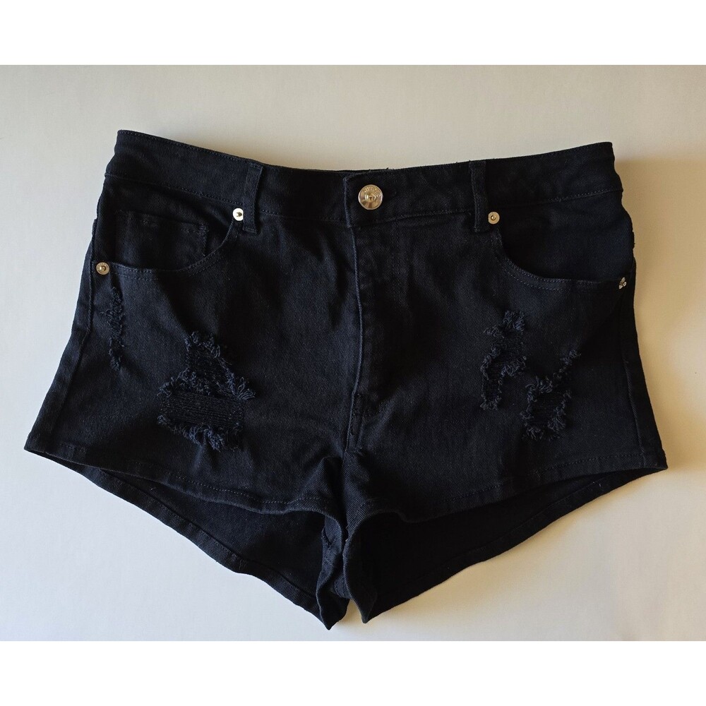 H&M Divided Denim Shorts Womens 12 Distressed Black High Waisted Shortie Y2K
